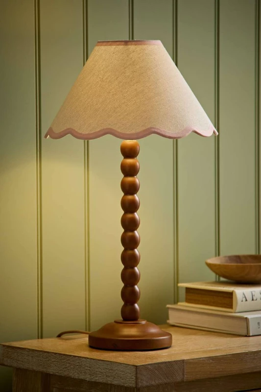 Image of ValueLights Bobbin Colour Trim Linen Shade Walnut Bobble Table Lamp in Baby Pink Baby Pink Unisex
