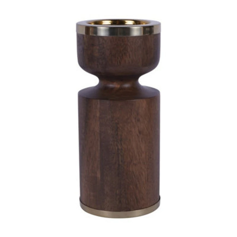 Image of Buttercup Farm Amalfi Wooden Pillar Holder - Stainless Steel/mango Wood - L10.5 X W10.5 X H23cm - Gold/brown