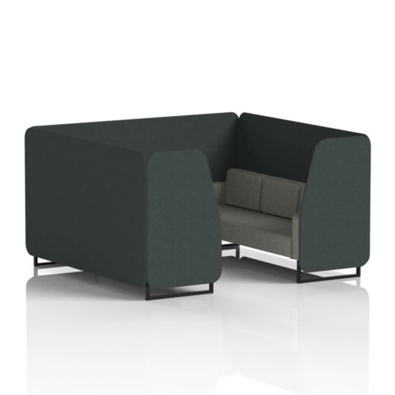 Image of Brixworth 6 Seater Office Booth with Front Panel - Black Legs in Rivet Fabric - Charcoal Panels and Vitreous Sofa