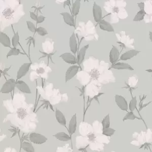 image of Laura Ashley Fleurir Smoke Green Floral Smooth Wallpaper