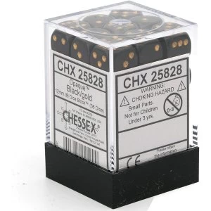 image of Chessex 12mm D6 Dice Block - Black/Gold Opaque (Set of 36)