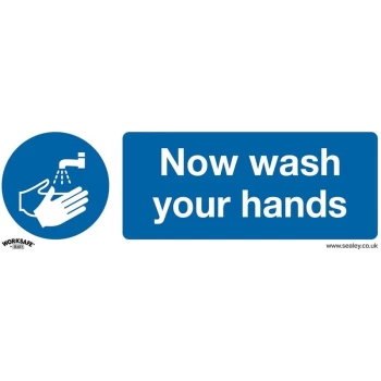 image of SS5P10 Mandatory Safety Sign - Now Wash Your Hands - Rigid Plastic - Pack of 10 - Sealey