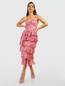 Image of Boohoo Chiffon Floral Strappy Midi Dress - Pink, Size 12, Women