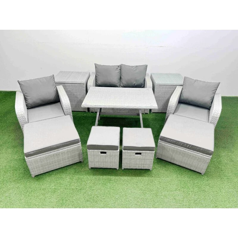 Image of Fimous 8-seater Patio Rectangular Table Sofa Set with 2 Side Tables 4 Stools in Light Grey Light Grey Unisex