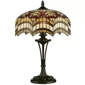 image of Interiors Vesta - 2 Light Small Table Lamp Dark Bronze, Tiffany Glass, E27