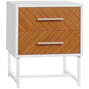 image of Homcom Bedside Table With 2 Drawers White Frame With Herringbone Wood Effect Square Metal Legs