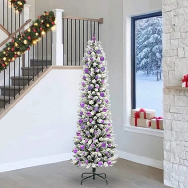 Image of vidaXL Artificial Christmas Tree with 300 LEDs, Lilac Balls Green and white 240 cm, Green 3396135