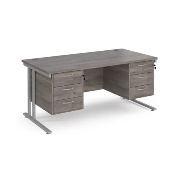 image of Maestro 25 straight desk 1600mm x 800mm with two x 3 drawer pedestals - silver cantilever leg frame, grey oak top