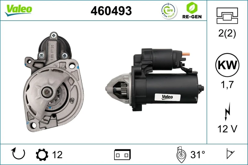 Image of VALEO 460493 Starter motor VALEO RE-GEN REMANUFACTURED 1,7kW, 12V, Number of Teeth: 12 Starter (2)