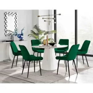 Image of Furniture Box Palma White Marble Effect Round Dining Table and 6 Green Pesaro Black Leg Chairs
