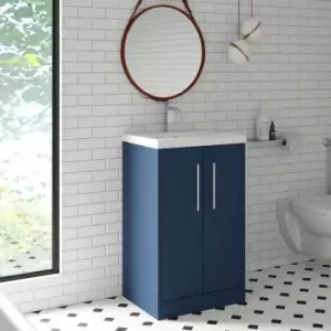 image of Hudson Reed Juno Floor Standing 2-Door Vanity Unit with Basin 4 500mm Wide - Electric Blue