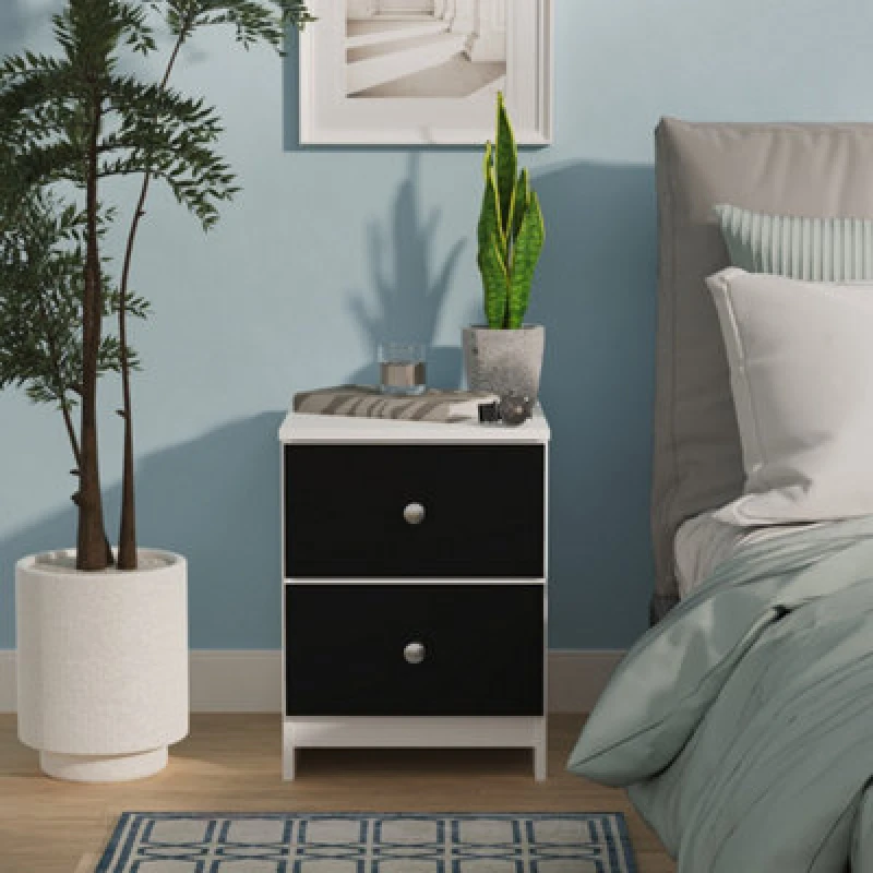 Image of Portland 2 Drawer Compact Bedside Cabinet In Black & White Matt (Ready Assembled)