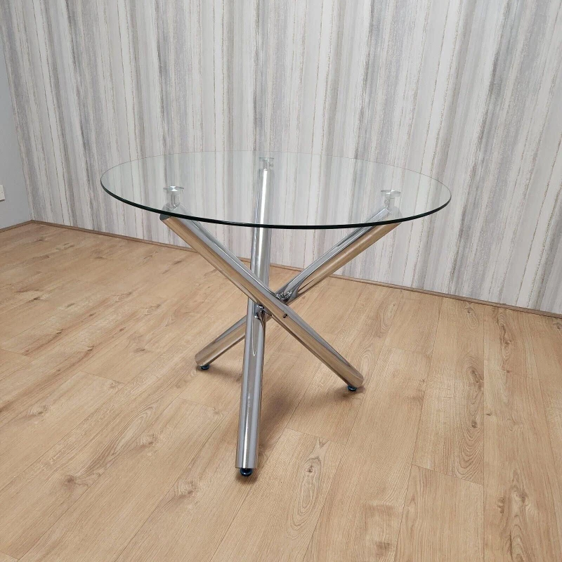 Image of KOSY KOALA Modern Round Chrome Metal and Clear Glass Kitchen Dining Table Only Clear
