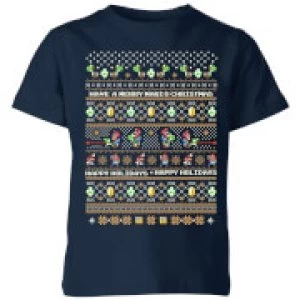 image of Nintendo Super Mario Yoshi Have A Merry Mario Christmas Kid's T-Shirt - Navy - 11-12 Years