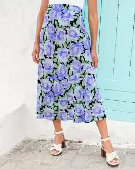 Image of Cotton Traders Womens Camellia Bias-Cut Printed Maxi Skirt in Black