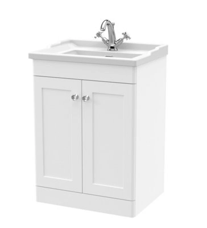Image of Classique Floor Standing 2 Door Vanity Unit with Ceramic Basin Satin White
