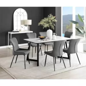 Image of Furniture Box Carson White Marble Effect Dining Table and 6 Dark Grey Nora Black Leg Chairs