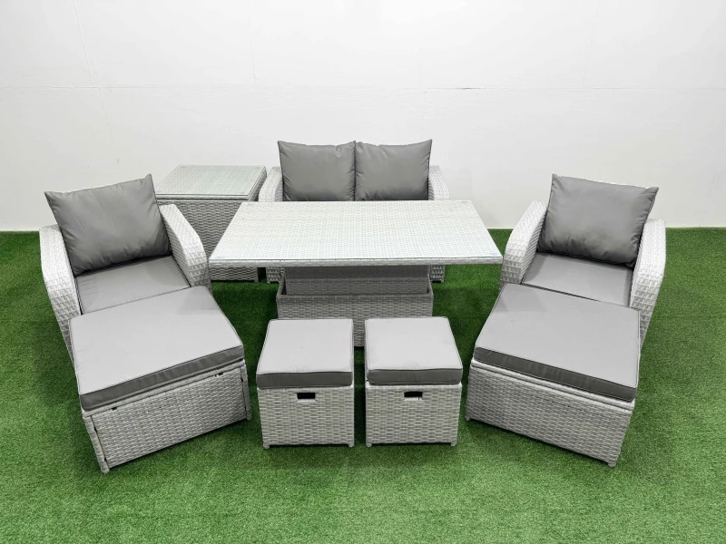 Image of Fimous 9 PCs Rising Dining Table Set Reclining Chair Inclining Love Sofa Seat in Light Grey Light Grey Unisex