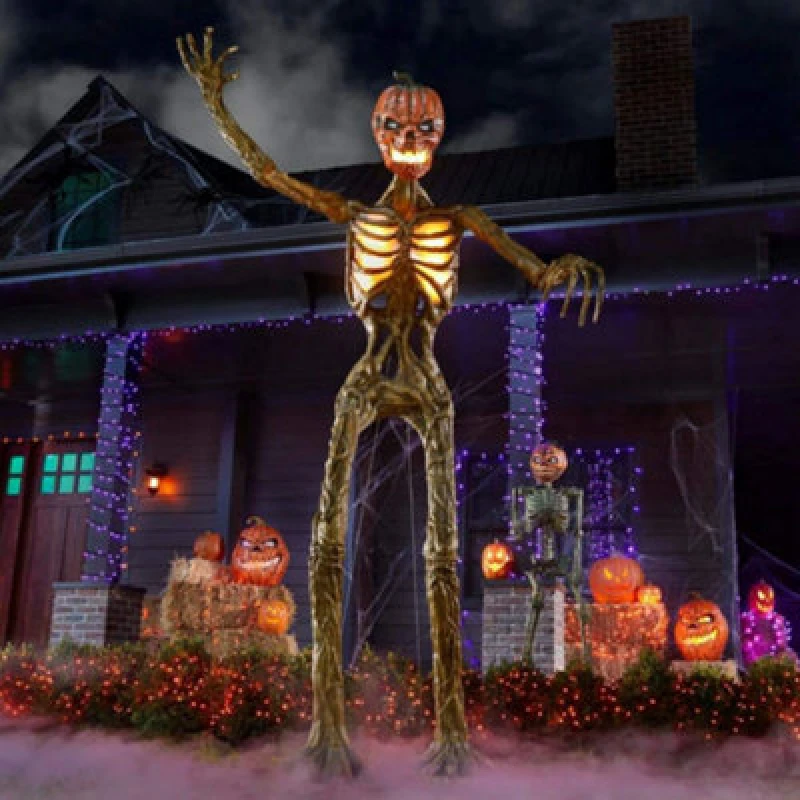 Image of Samuel Alexander Home Accents Holiday 12ft Standing Halloween Inferno Pumpkin Skeleton With Lcd Eyes And Posable Arms