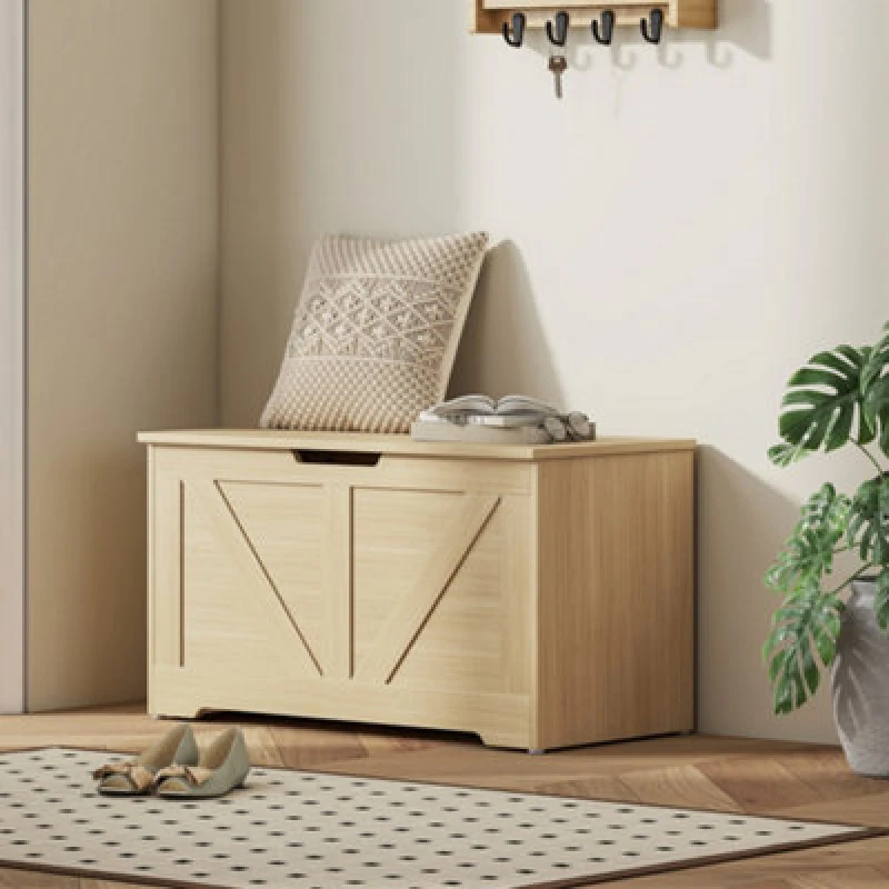 Image of HOMCOM HOMCOM Storage Trunk with 2 Safety Hinges, 80cm, Natural Wood Finish Natural One Size Unisex 5063603050860