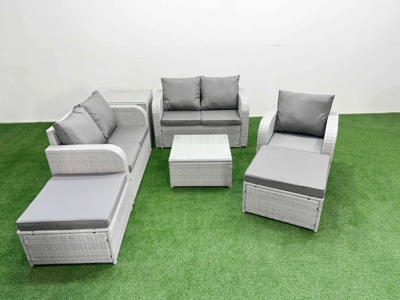 Image of Fimous High Back Poly Rattan Garden Furniture Set with Reclining Chair Loveseat Sofa Square Coffee Table Indoor Outdoor Patio Set 2 Big Stool Side Ta