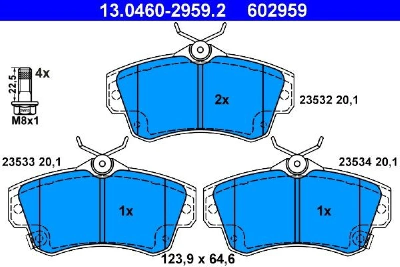 Image of ATE 13.0460-2959.2 Brake pad set with acoustic wear warning, with brake caliper screws Brake Pad Set,disc brake (402)