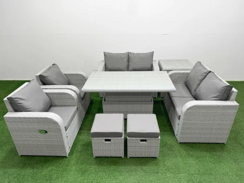 Image of Fimous 8 Seater Outdoor Reclining Chair Love Sofa Set Rattan Garden Furniture Set with Adjustable Lifting Dining or Coffee Table 2 Stools Side Table L