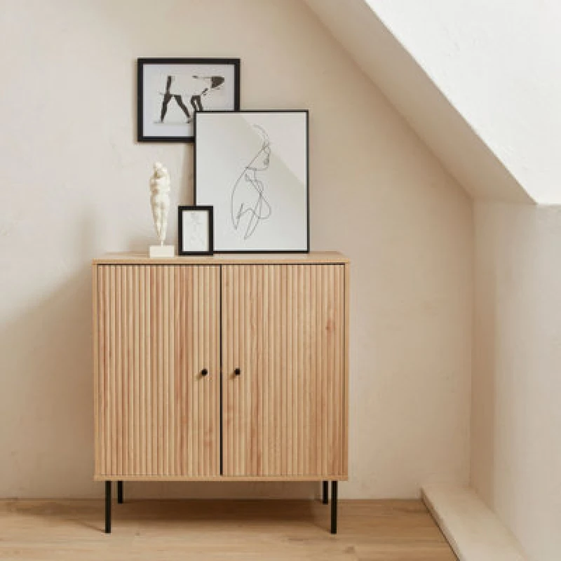 Image of sweeek 83.5cm Storage Cabinet With Grooved Wooden-effect Light Brown