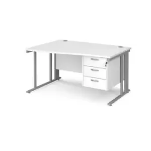 image of Office Desk Left Hand Wave Desk 1400mm With Pedestal White Top With Silver Frame Maestro 25 MCM14WLP3SWH