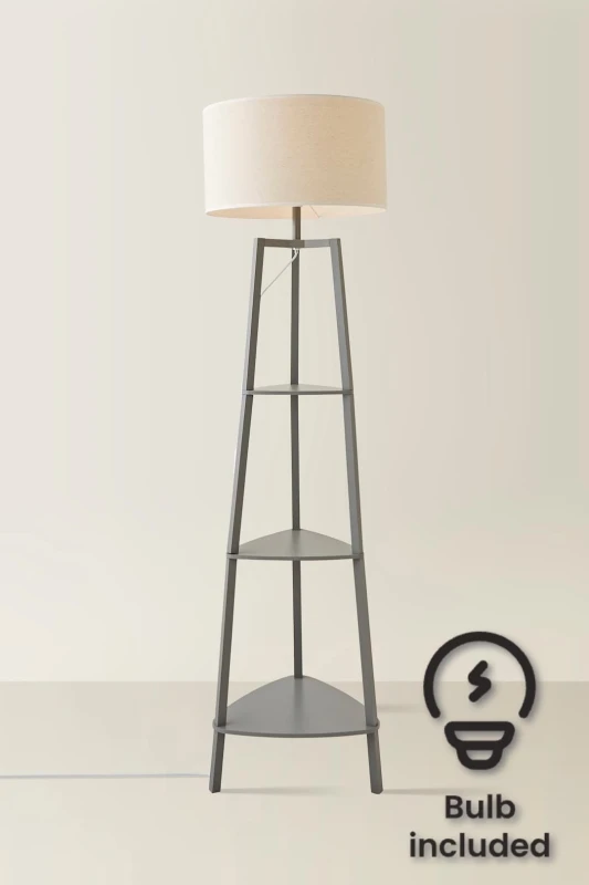 Image of ValueLights Hiru Grey Three Tier Shelved Wooden Floor with Linen White Trim Shade and Bulb Grey