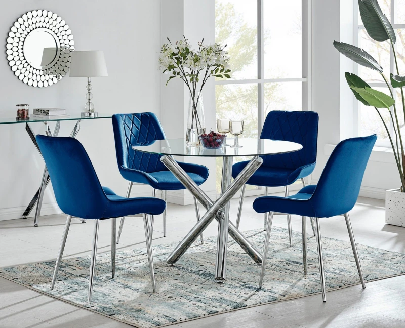 Image of FurnitureboxUK FurnitureboxUK Selina Round Glass Chrome Leg Dining Table and Pesaro Silver Leg Chairs in Navy Size: 4 Person Navy 4 Person Unisex 50