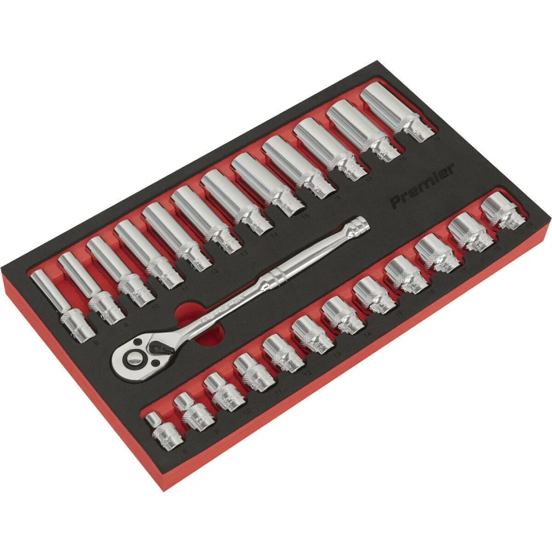 Image of Loops 25 PACK DEEP Socket Set - 3/8" Metric Square Drive 6 Point & Ratchet Handle Multi