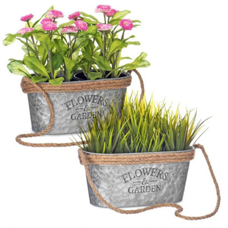 Image of LIVIVO Floral Hanging Plant Pot with Hessian Rope, Set of 2 Silver