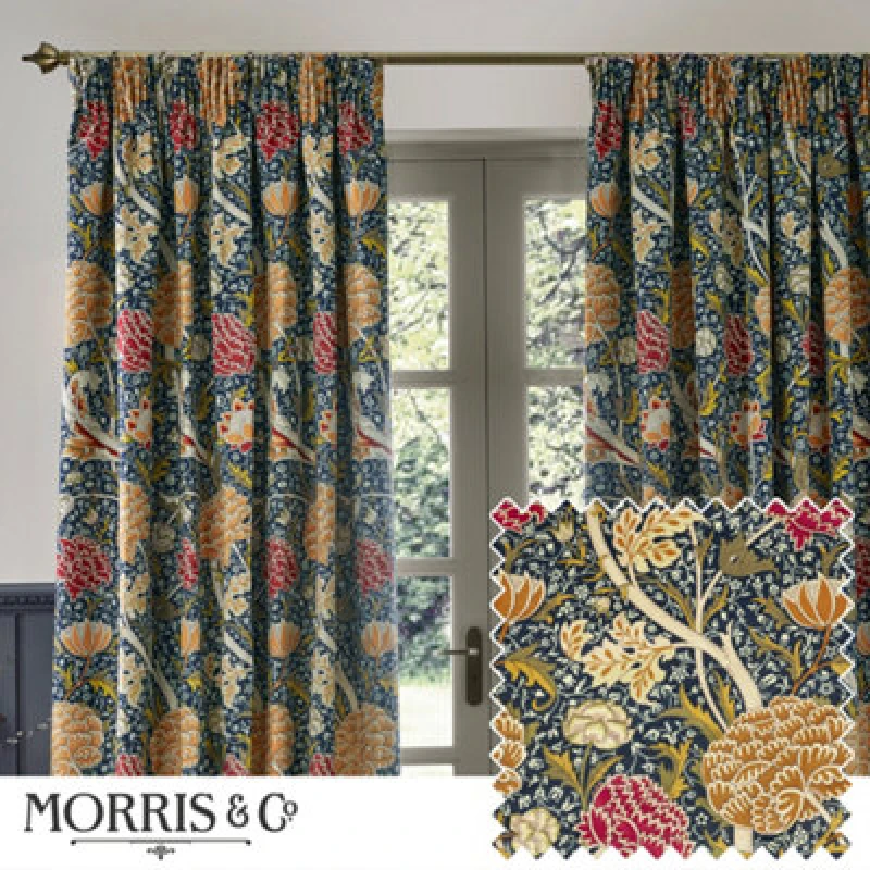 Image of Morris & Co Morris & Co Cray Floral Velvet Room Darkening Pencil Pleat Curtains in Indigo Size: 117cm width x 137cm drop Indigo 117cm width x 137cm