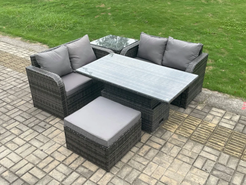 Image of Fimous Outdoor Rattan Furniture Garden Dining Set Height Adjustable Rising lifting Table Love Sofa Set With Side Table Dark Grey