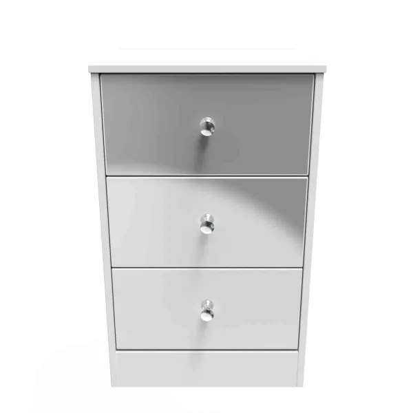 image of Welcome Furniture Ready Assembled Padstow 3 Drawer Bedside Cabinet In Uniform Grey Gloss & White