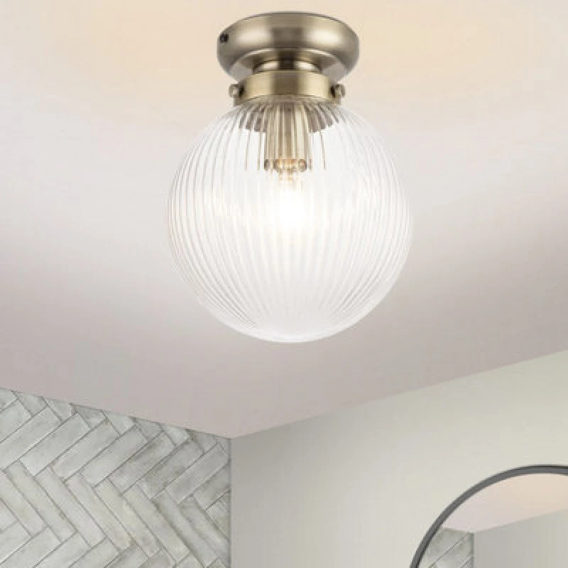 Image of Cosylyte Finley Bathroom Classic Ribbed Glass Ceiling Light - Brushed Brass Base
