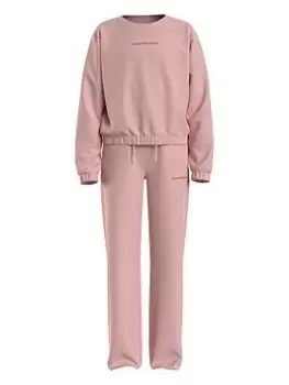 Image of Calvin Klein Jeans Girls Logo Boxy Crew Sweat And Sweatpants Set - Pink Blush, Pink Blush, Size Age: 12 Years, Women