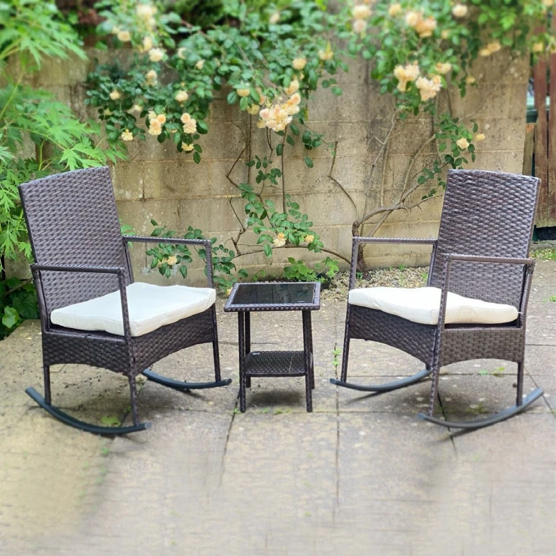 Image of FURNITURE ONE 3 Piece Outdoor Rattan Bistro Set, 2 Seater Patio Rocking Chairs with Glass Top Coffee Table in Brown Brown Unisex