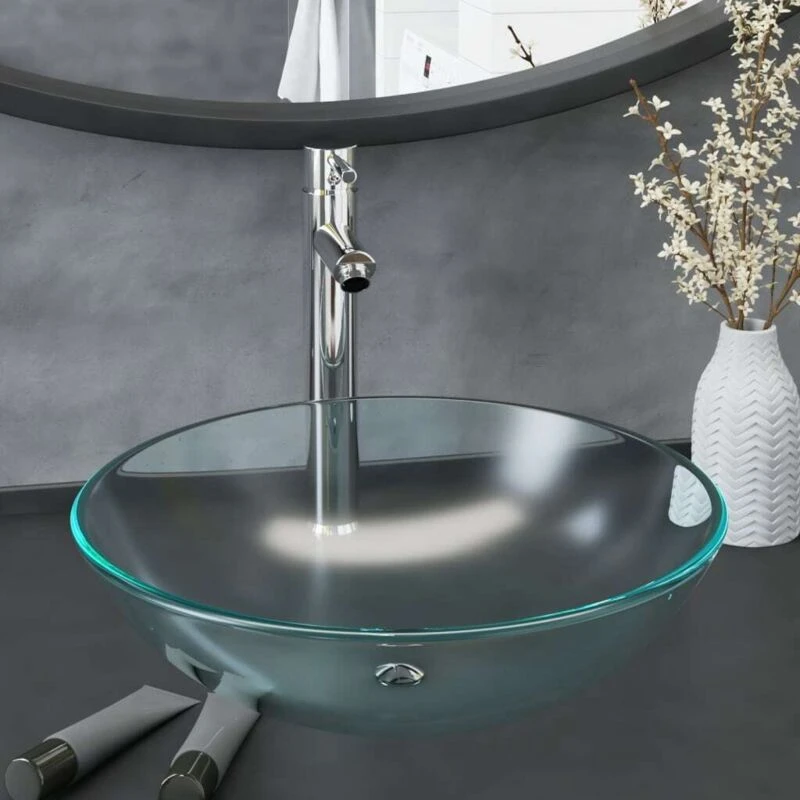 Image of vidaXL Bathroom Sink with Tap and Push Drain Frosted Tempered Glass, Silver 3098444