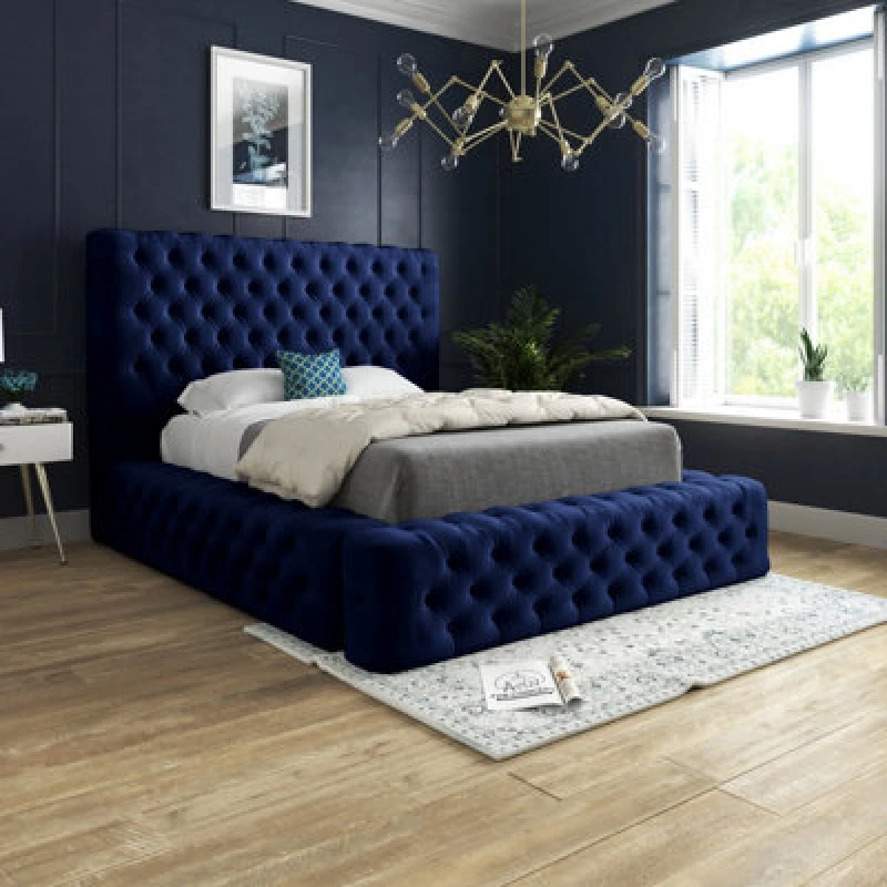 Image of Ds Living Cambridge Upholstered Soft Plush Blue Velvet Bed Frame 3ft