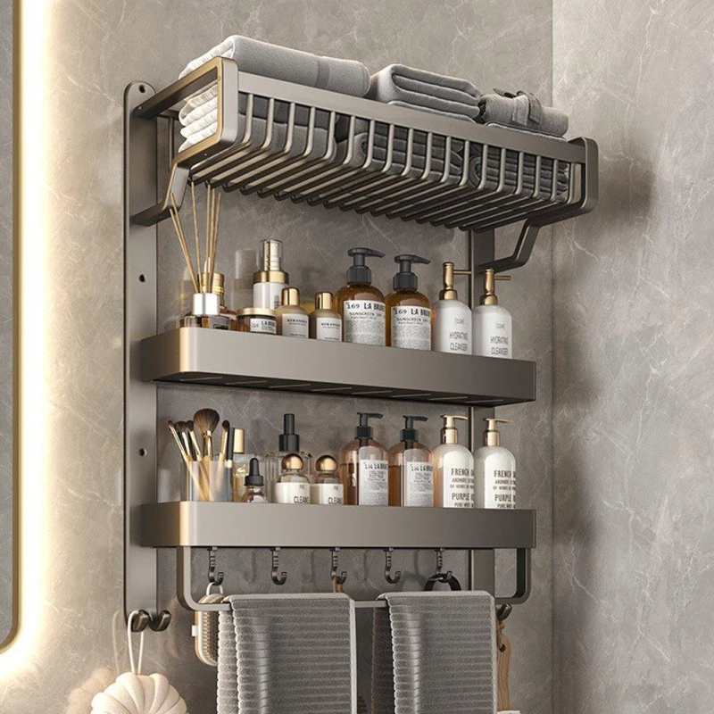 Image of LIFE IDEAS Bathroom Wall Shelf with Towel Bar and Hooks Black3 unisex L 3-Tier