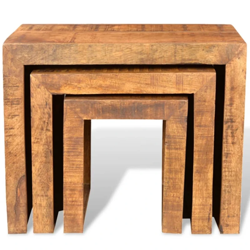 Image of Solid Antique-style Mango Wood Set of 3 Nesting Tables Durable Table Set
