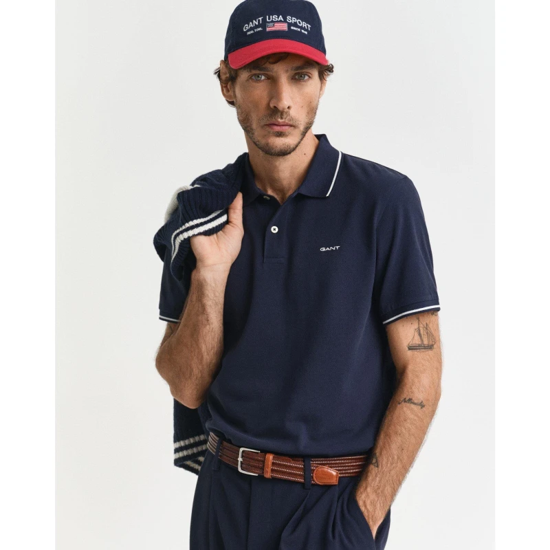 Image of Gant Tipped Pique Polo Shirt Evening Blue male 2XL