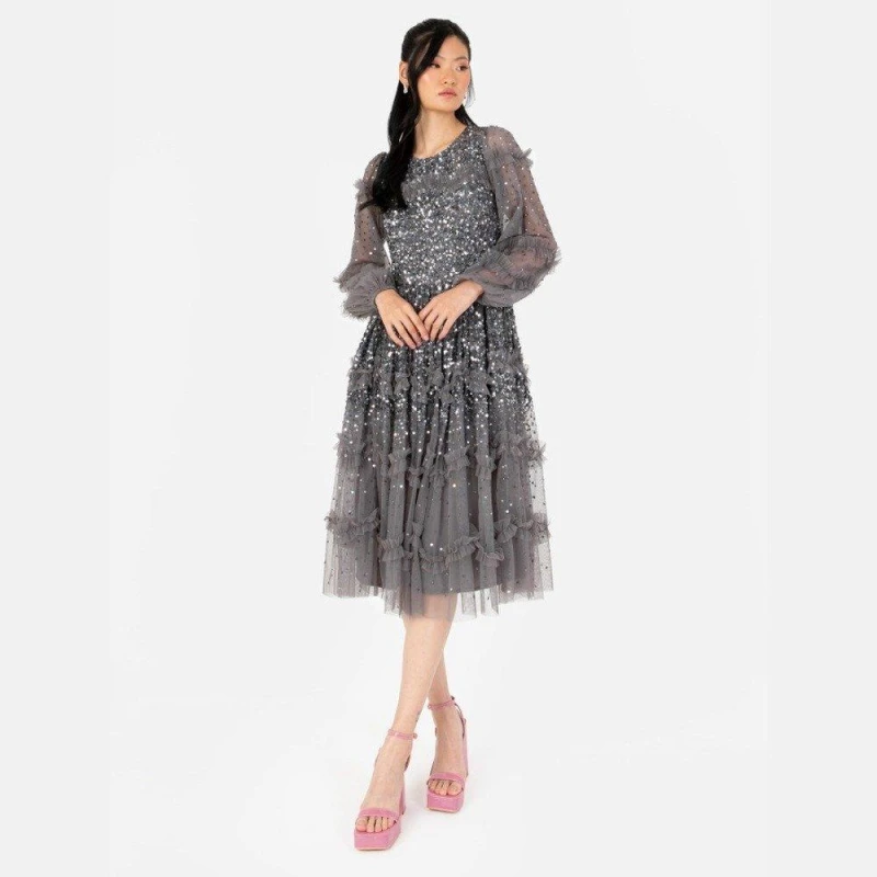 Image of Maya Deluxe Maya Charcoal Fully Embellished Maxi Sleeve Midi Dress with Frill Detail Charcoal female 8 (XS)