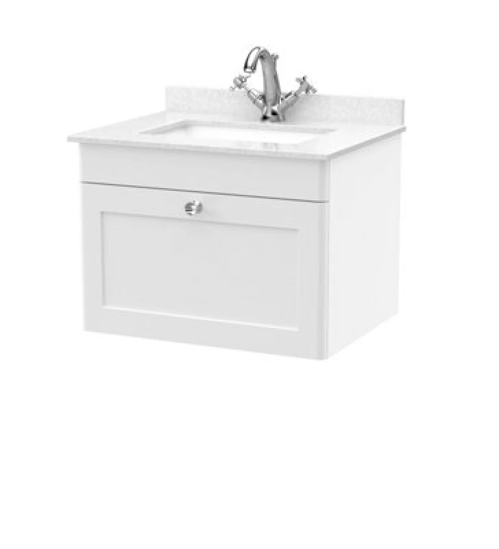 Image of Nuie Classique Wall Hung 1 Drawer Vanity Unit & 1 Tap Hole White Marble Top With Square Basin, Stylish Sink Vanity Unit In Satin