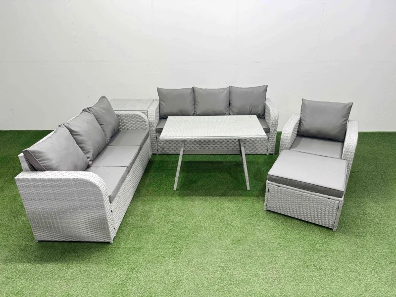 Image of Fimous 6 Pieces Outdoor PE Rattan Garden Furniture with Side Table Big Stool in Light Grey Light Grey Unisex