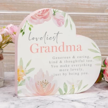 Sophia Wooden Heart Mantel Plaque - Loveliest Grandma