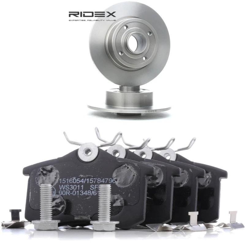 Image of RIDEX 3405B3393 Brake disc and pads set Rear Axle, Brake Disc Type: Solid, excl. wear warning contact Brake Set,disc brakes (3405)