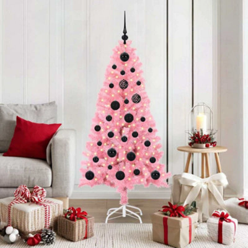 Image of vidaXL Christmas Tree with 150 LEDs, Black Balls with Stand Pink 150cm PVC, Pink 3396417